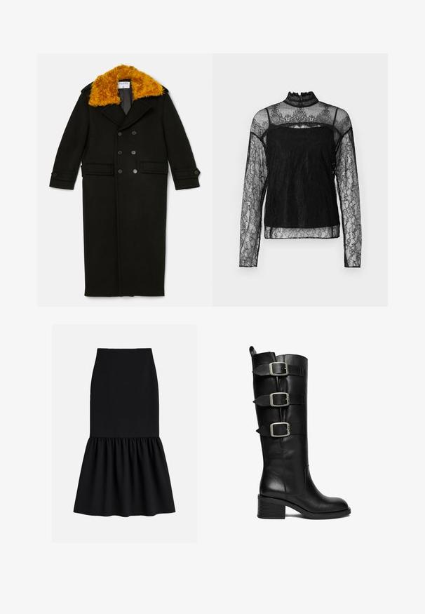 Filippa K LONG PEACOAT - Klassisk frakke - black; Sort langærmet bluse i blonde med høj krave, detaljeret blomsterdesign, gennemsigtig stof og solidt panel over brystområdet.; Sort midi-nederdel lavet af strækbart stof, med en tætsiddende talje og en udvidet, rynket bund med en glat tekstur.; Sort læderstøvle til knæet med tre justerbare sølvspænder og en lav blokhæl på hvid baggrund.