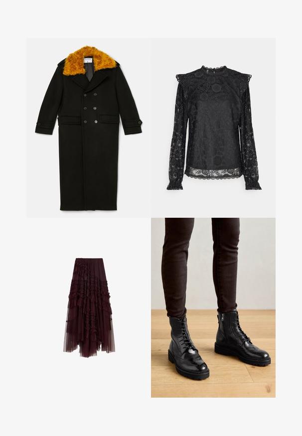 Filippa K LONG PEACOAT - Klassisk frakke - black; PIECES Tall PCOLLINE - Bluse - black; Bordeaux tylskørt med rynkede lag, elastisk talje og varierende længder, der har en blød, let tekstur.; Sorte læder ankelstøvler med brogue-detaljer, snørebånd foran, sideskafter og teksturerede gummisåler. Matchet med mørke slim-fit bukser.