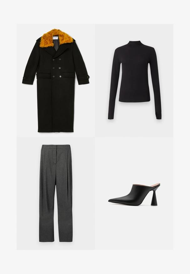 Filippa K LONG PEACOAT - Klassikaline mantel - black; Mustast venivast pikkade varrukatega tihedalt istuv ülemine osa võltskaelusega, kuvatud ühevärvilisel heledal hallil taustal.; Hallid hallid püksid, mis on valmistatud kudumis- ja kangast, omavad sirget lõiget, esiplekkide ja siledat tekstuuri.; Mustast nahast mules, terava toe ja ainulaadse koonusja kontsaga. Sile tekstuur ja minimalistlik disain, avatud tagaosa mugavaks selga panemiseks.