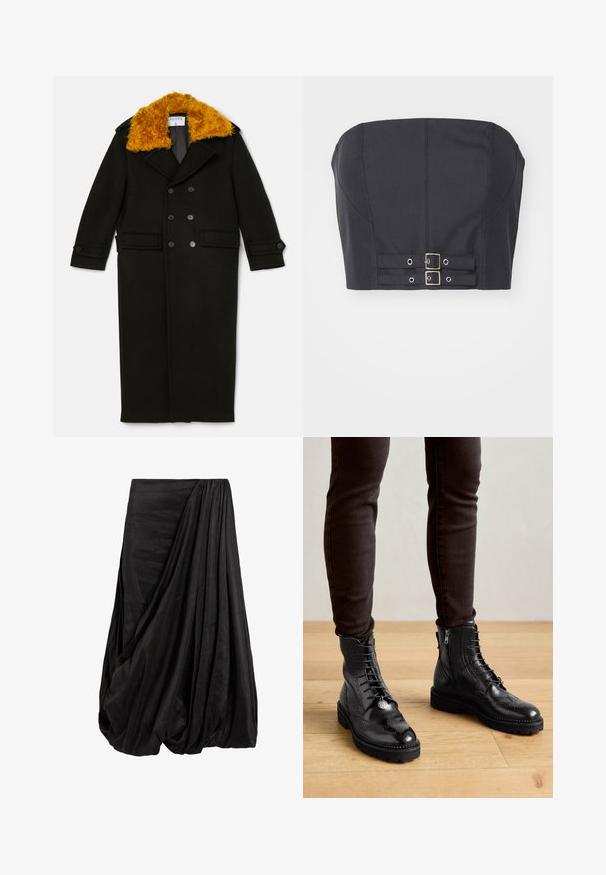 Filippa K LONG PEACOAT - Klassikaline mantel - black; Mustmust väljakujundatud bodice'iga must ülaosa, millel on õmblustähtsad detailid ja ees kahe metallist pannalaga kinnitamine.; Mustrilt must drapeered seelik, mis on valmistatud siledast kangast, sisaldades keerukaid voldikesi ja voolavat siluetti, millel on kogutud vöödetaile.; Mustad musta nahast ankle-kingad, millel on brogue detailid, nööpidega esiosa, külgrihmad ja tekstureeritud kummitaldad. Kombineeritud tumedate kitsaste pükstega.