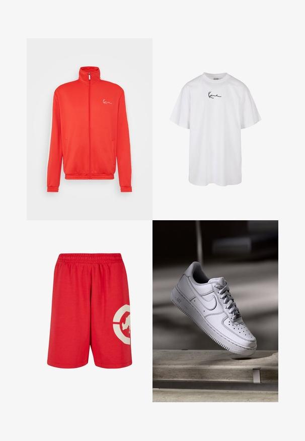 Veste zippée rouge en tissu lisse ; elle possède un col haut, des poches latérales et un logo brodé blanc sur la poitrine gauche.; T-shirt en coton blanc avec un col rond et des manches courtes, arborant un logo noir brodé centré sur la poitrine.; Shorts rouges en coton avec une taille élastique, présentant un grand design graphique blanc sur la jambe gauche et une texture lisse.; La basket Nike Air Force 1 en cuir blanc présente un embout perforé, des lacets plats et une semelle en caoutchouc texturée avec le logo « AIR » sur le côté.