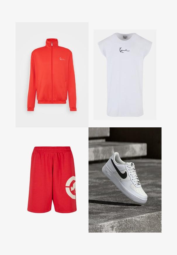 Rød lynlåsjakke lavet af glat stof; har en høj krave, sidelommer og et hvidt broderet logo på venstre bryst.; Karl Kani SMALL SIGNATURE TEE - Top - white; Røde bomuldsshorts med elastisk talje, prydet med et stort hvidt grafisk design på venstre ben og en glat overflade.; Hvid Nike Air Force 1-sneaker med sort swoosh, snørebånd bundet, placeret i luften over tekstureret betonoverflade udendørs.