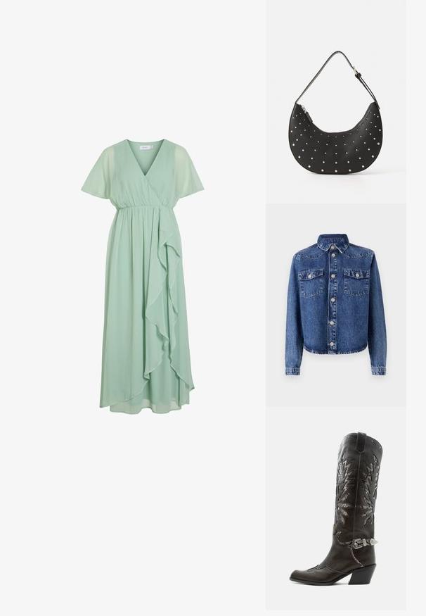Veste en denim bleu foncé, dotée d'un col pointu, de deux poches poitrine, de fermetures à boutons en métal argenté et de manches longues avec poignets boutonnés.; Robe portefeuille à manches courtes, décolleté V, de couleur vert clair, avec taille froncée et volants qui tombent d'un côté, longueur midi, en tissu léger.; Botte de cowboy en cuir noir avec découpes décoratives, boucle argentée et talon incliné, présentée sur fond blanc.; Sac à main en cuir noir avec une forme arrondie, orné de clous en argent, doté d'une fermeture éclair et d'une seule sangle ajustable.