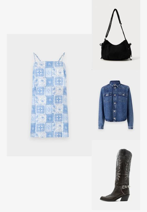 Dunkelblaue Denimjacke mit spitzem Kragen, zwei Brusttaschen, silbernen Knopfverschlüssen und langen Ärmeln mit geknöpften Manschetten.; Himmelblaues ärmelloses Kleid mit quadratischem Patchwork-Design, das florale und Muschelmuster zeigt, verstellbaren Schulterträgern und geradem Saum.; Schwarzer Leder-Cowboystiefel mit dekorativen Ausschnitten, silberner Schnalle und schräger Ferse, auf weißem Hintergrund dargestellt.; Schwarze Cordtasche mit geschwungener Form, verstellbarem Schultergurt und Kordelzugverschlüssen an beiden Seiten zur Größenanpassung.