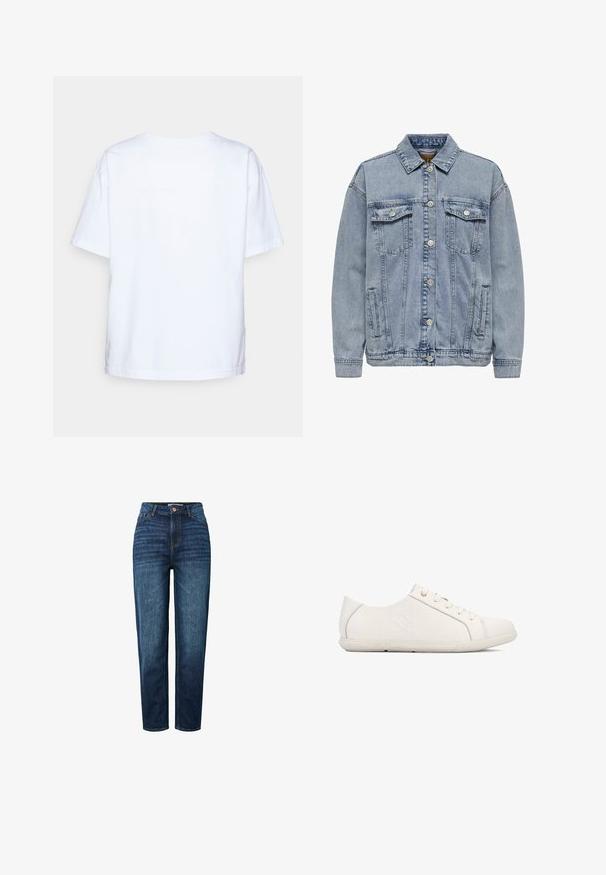 Lysblå denimjakke med krave, to brystlommer med klap, frontlukning med knapper og diskret falmning over det hele.; Enkelt hvid kortærmet bomulds t-shirt vist bagfra mod en lys grå baggrund.; Høj talje, straight-leg, mørkeblå denim-jeans med forlommer og kobberknaplukning på hvid baggrund.; Hvide sneakers med en tekstureret finish, snørelukning, rundet tå og branding på siden. Indeholder diskrete syninger og en gummisål.