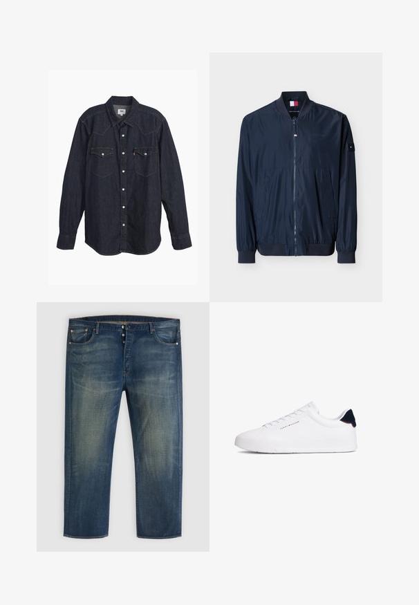 Mørkeblå bomberjakke med frontlynlås, ribbet krave og manchetter, sidelommer og Tommy Hilfiger logo-patches på bryst og ærme.; Mørk denim langærmet skjorte med spids krave, to brystlommer, hvide knapper og kontrastfarvet gul syning. Glat, holdbart stof.; Blå denimjeans med knaplukning, klassisk fem-lomme design og falmede detaljer på lår og knæ.; Hvid sneakers med glat læderoverdel, rundet tå og flad sål. Har navyblåt hælkappe og minimal branding på siden.