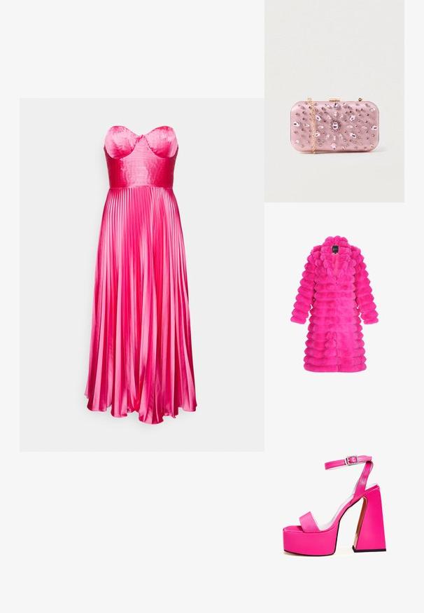 Faux fur jakke i lys pink, med et tekstureret, puffet design med runde sektioner og en krave. Ingen synlige lukninger foran.; AMUR KIN STRAPLESS DRESS - Cocktailkjole / festkjole - callalily; Lyserøde platform sandaler med bred firkantet hæl, ankelrem, glat finish og åben tå design. Spændeaccent ved anklen.; Lyserød satin clutch med juvelbesætninger, rektangulær form, guld kæde og lås, prydet med et blomstermotiv i rhinsten.