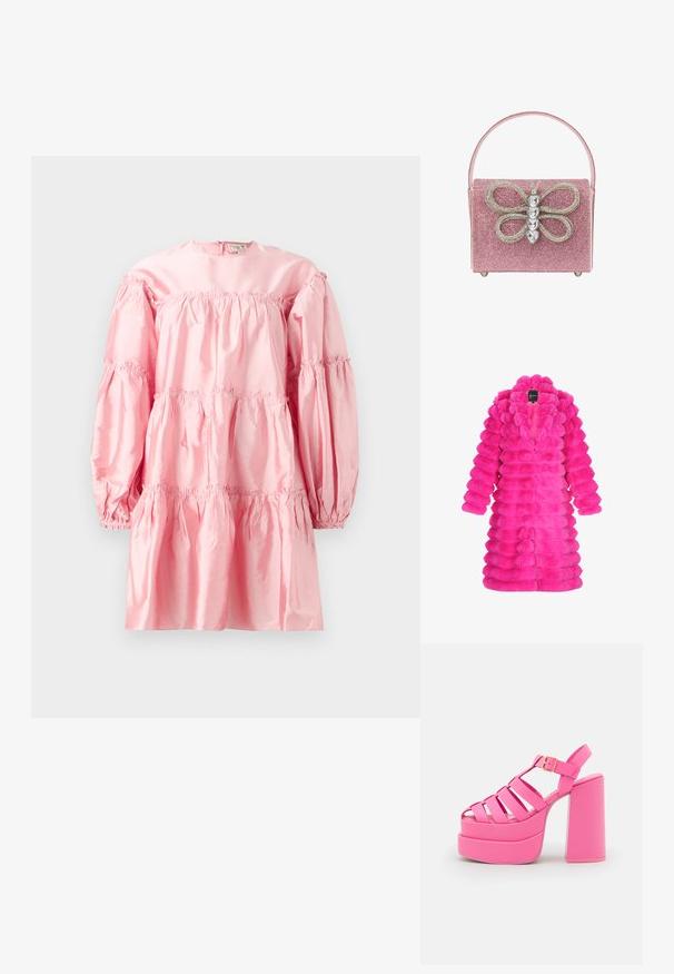Faux-Fur-Mantel in leuchtendem Pink, mit einem strukturierten, puffigen Design, das runde Segmente und einen Kragen aufweist. Keine sichtbaren Verschlüsse an der Vorderseite.; Rosenrotes Satin-Kleid mit langen Puffärmeln, gerafften Schichten und elastischen Akzenten. Verfügt über einen runden Ausschnitt und einen Reißverschluss auf der Rückseite.; Steve Madden CARLITA - High Heel Sandalette - pink; Rosa funkelnde Handtasche mit einem auffälligen Schmetterlingsdesign und Strass-Akzenten, rechteckiger Form und flachem Griff.