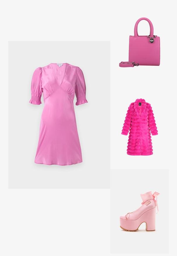 Abrigo de piel sintética en rosa brillante, con un diseño texturizado y voluminoso que presenta segmentos redondos y un cuello. Sin cierres visibles en la parte delantera.; Vestido de satén rosa con mangas cortas abullonadas, escote en V y detalles fruncidos en el busto y los dobladillos de las mangas. Textura suave y brillante.; Zapato de tacón alto con plataforma rosa, tacón ancho, lazos en el tobillo atados en un lazo y suela con dibujo.; Bolso de mano de piel sintética rosa con asas redondeadas, una correa desmontable y un charm plateado con el nombre de la marca.