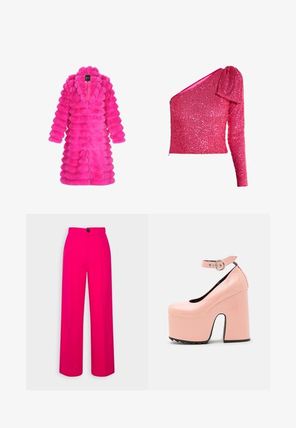 Faux fur jakke i lys pink, med et tekstureret, puffet design med runde sektioner og en krave. Ingen synlige lukninger foran.; Lyserød paljetetop med et asymmetrisk design, en langærmet og et pufærme, tekstureret med glitrende detaljer.; Fuchsia brede bukser med høj talje, frontfald og en enkelt sort knaplukning. Glat tekstur og skræddersyet design.; LAMODA POWER TRIP CHUNKY PLATFORM - Pumps - pink