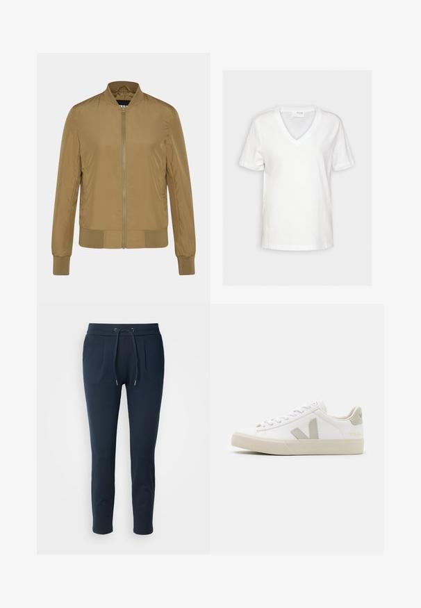 Veste bombardier marron en matériau léger, avec un col côtelé, des poignets et un ourlet côtelés, fermée par un zip sur le devant et équipée de poches latérales.; T-shirt blanc à manches courtes avec col en V et un design simple, présenté sur un fond uni.; Pantalon de jogging bleu marine en tissu doux, doté d'une ceinture élastique avec cordon de serrage, de deux poches latérales et d'une coupe slim.; Baskets blanches en cuir avec des accents gris en forme de V, semelle en caoutchouc texturé, lacets blancs, et languette et col rembourrés.