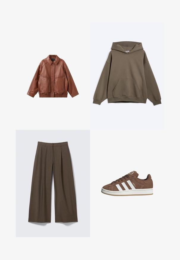 Bruine leren jas met een puntkraag, twee voorzakken en een elastische tailleband. Heeft een gladde textuur en een ontspannen pasvorm.; Bruine oversized hoodie met kangaroovak aan de voorkant en geribbelde manchetten, getoond op een effen lichte achtergrond.; Bruine brede pijpen broek met krijtstreep, riemlussen en voorplooien, plat uitgestald op een lichtgrijze achtergrond.; Bruine suède sneaker met witte leren strepen, rubberen zool, ronde neus en vetersluiting. Kenmerkt zich door een logo op de tong en geperforeerde accenten.