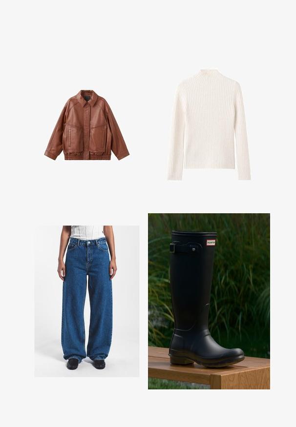 Bruine leren jas met een puntkraag, twee voorzakken en een elastische tailleband. Heeft een gladde textuur en een ontspannen pasvorm.; Geribbelde coltrui in off-white, gemaakt van zachte gebreide stof. Heeft lange mouwen en een aansluitend silhouet.; Wijdvallende blauwe denim jeans met een hoge taille, voorzien van een knoopsluiting, voorzakken en een licht vervaagde textuur.; Zwarte rubberen laars met een ronde neus en een gestructureerde zool. Voorzien van een gespdetail en een merketiket aan de bovenkant. Glad oppervlak en hoge ontwerp.