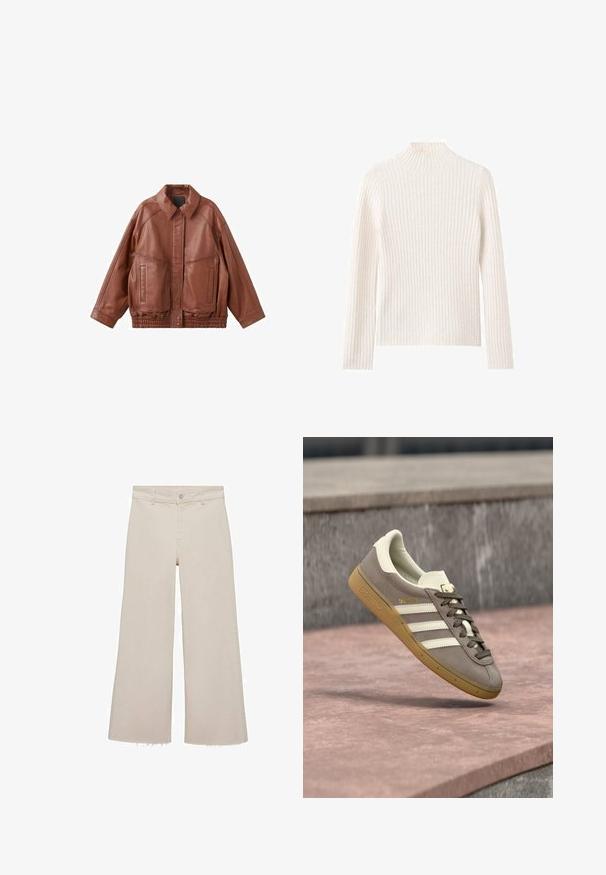 Brun læderjakke med spids krave, to frontlommer og elastisk livbånd. Har en glat tekstur og afslappet pasform.; Ribstrikket rullekravesweater i off-white, lavet af blødt strikstof. Har lange ærmer og en tætsiddende silhuet.; Beige brede jeans med høj talje, lavet af denimstof. Har en rå kant forneden samt en frontknap og lynlås lukning.; Lysebrun ruskinds Adidas-sneaker med hvide striber og gummisål, svævende over lyserøde stentrapper udendørs.