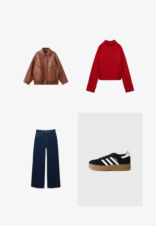 Braune Lederjacke mit spitzem Kragen, zwei Fronttaschen und elastischem Bund. Verfügt über eine glatte Textur und ein entspanntes Design.; Mango Strickpullover - red; Dunkelblaue Jeans mit weitem Bein aus Denim; mit Taschen vorne und Knopfverschluss; auffällige Nähte entlang der Nähte; keine Muster oder Verzierungen.; Schwarzer Wildledersneaker mit weißen drei Streifen und goldfarbenem Logo. Gummisohle mit strukturiertem Grip. Klassisches Low-Top-Design, abgerundete Zehenkappe.