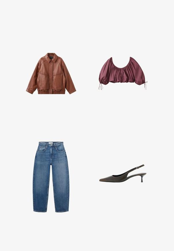 Bruine leren jas met een puntkraag, twee voorzakken en een elastische tailleband. Heeft een gladde textuur en een ontspannen pasvorm.; Gecropte, off-shoulder blouse in diep mauve met geplooide stof en elastische pofmouwen, gestrikt aan de polsen.; Hoge taille blauwe denim jeans met een rechte pijp, voorzien van vijf zakken, riemlussen en subtiele vervaging voor extra textuur.; Zwarte leren slingback met puntige neus, lage kittenhak en een klein verstelbaar gespsluiting.