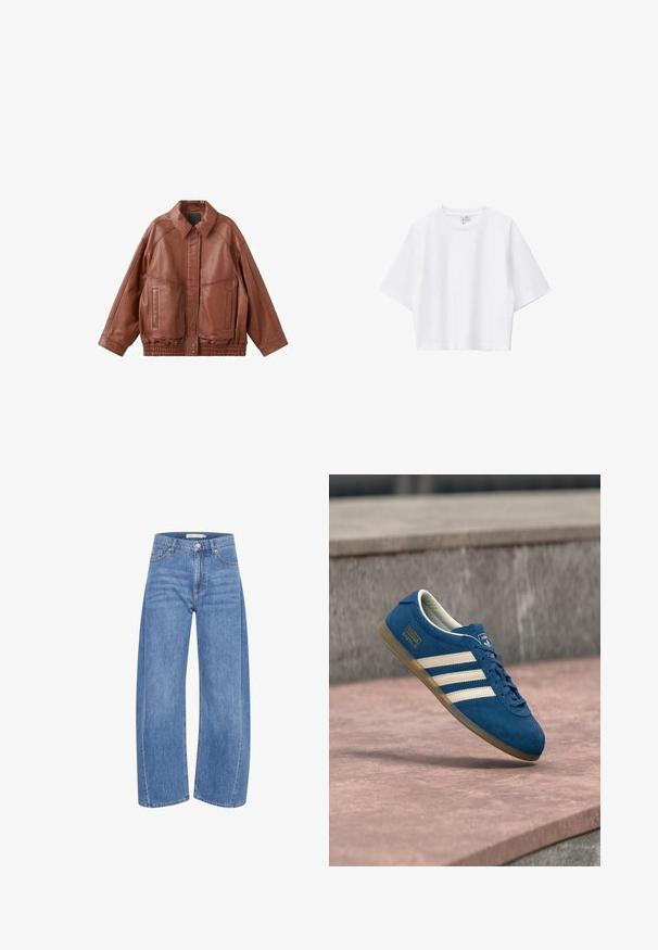 Bruine leren jas met een puntkraag, twee voorzakken en een elastische tailleband. Heeft een gladde textuur en een ontspannen pasvorm.; Witte cropped T-shirt van zacht katoen met een ronde hals, korte mouwen en een comfortabele pasvorm. Eenvoudig en veelzijdig ontwerp.; Lichtblauwe denim wijde broek met hoge taille, voorzien van een knoop en ritssluiting, vijf zakken en subtiele vervagingsdetails.; Blauwe suède sneaker met crèmekleurige strepen en veters, zool van gumrubber, gestructureerd oppervlak, afgeronde neus en merkopdruk aan de zijkant.