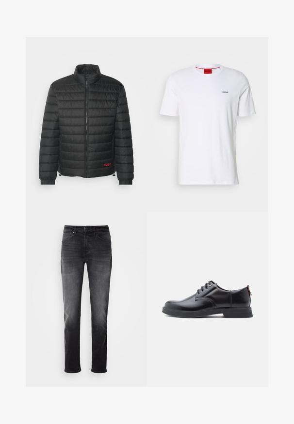 Schwarze Daunenjacke mit horizontalen Steppmustern, hohem Kragen, Frontreißverschluss und elastischen Bündchen. Mit "HUGO"-Logo in Rot am unteren Ende.; Weißes Baumwoll-T-Shirt mit kurzen Ärmeln, Rundhalsausschnitt und kleinem schwarzen "HUGO"-Logo auf der linken Brust. Verfügt über ein rotes Etikett im Nacken.; Schwarze Jeans aus Denim mit geradem Bein. Verfügt über einen Knopf- und Reißverschluss, fünf Taschen und dezente Ausbleichungen im Stoff.; Schwarze Leder-Schnürschuhe mit glatter Textur, rundem Zehenbereich und dezenten Ziernähten. Mit einem roten Laschenband an der Ferse.