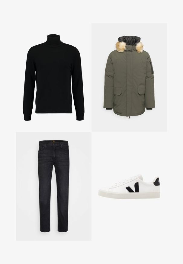 Schott NELSON - Manteau d'hiver - kaki; Un pull à col roulé noir en matière tricotée douce. Il possède des manches longues, un col et un ourlet côtelés. Son design est simple et épuré, sans motifs.; Jeans noirs à jambe droite avec poches avant et passants de ceinture, présentés sur un fond blanc uniforme.; Sneaker blanche en cuir avec des accents en daim noir ; dispose d'une semelle en caoutchouc, d'un bout rond et d'un design classique à lacets. Logo latéral en noir.