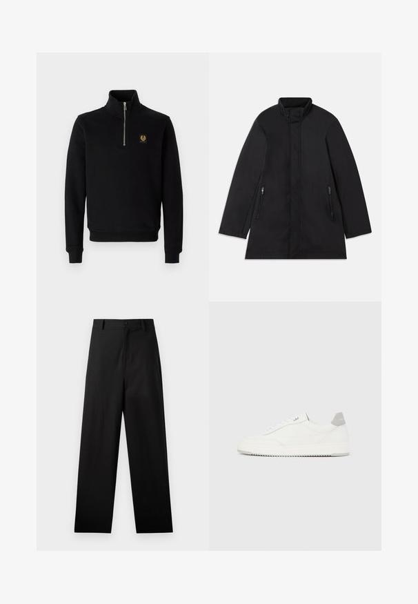 Schwarzer Mantel aus glattem Stoff, mit hohem Kragen, langen Ärmeln und zwei seitlichen Reißverschlusstaschen. Gerades Design, minimalistische Details.; Schwarzer Reißverschluss-Hoodie aus Baumwollmischung, mit hohem Kragen, gerippten Bündchen und einem goldenen Logo-Patch auf der Brust.; Schwarze Baumwollhosen mit geradem Bein, ausgestattet mit einem vorderen Knopfverschluss und Seiten Taschen. Glatte Textur, keine Muster.; Weißer Sneaker mit niedrigem Schaft, grauem Fersenlaschen, weißen Schnürsenkeln und einer strukturierten Sohle, dargestellt vor einem schlichten hellen Hintergrund.