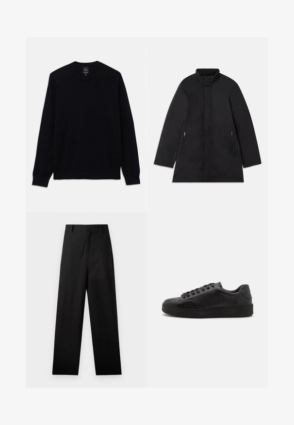 Sort frakke lavet af glat stof, med høj krave, lange ærmer og to sidelommer med lynlås. Lige snit, minimal detaljering.; Sort langærmet crewneck sweater med ribbet manchetter og nederkant, Armani Exchange mærket synligt på indersiden af kraven.; Sorte bukser lavet af bomuld med lige ben-design, der har en frontknaplukning og sidelommer. Glat tekstur, ingen mønstre.; Sorte lædersneakers med rund tå, flad sål og traditionel snøring. Har en glat tekstur og diskrete detaljer på siden.