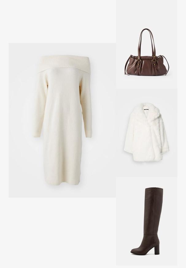 Manteau en fausse fourrure blanche avec un large col, une coupe oversized et des épaules tombantes. Texture douce et confection sans coutures apparentes ni attaches visibles.; Robe en tricot crème décolletée avec des manches longues, un col côtelé et une texture douce, présentant une coupe droite et une longueur au genou.; Botte en cuir marron à hauteur de genou avec un talon large, texture lisse, bout arrondi et détails de couture minimaux.; Sac à main en cuir brun avec deux longues poignées, design froncé, accents en métal doré et finition texturée.