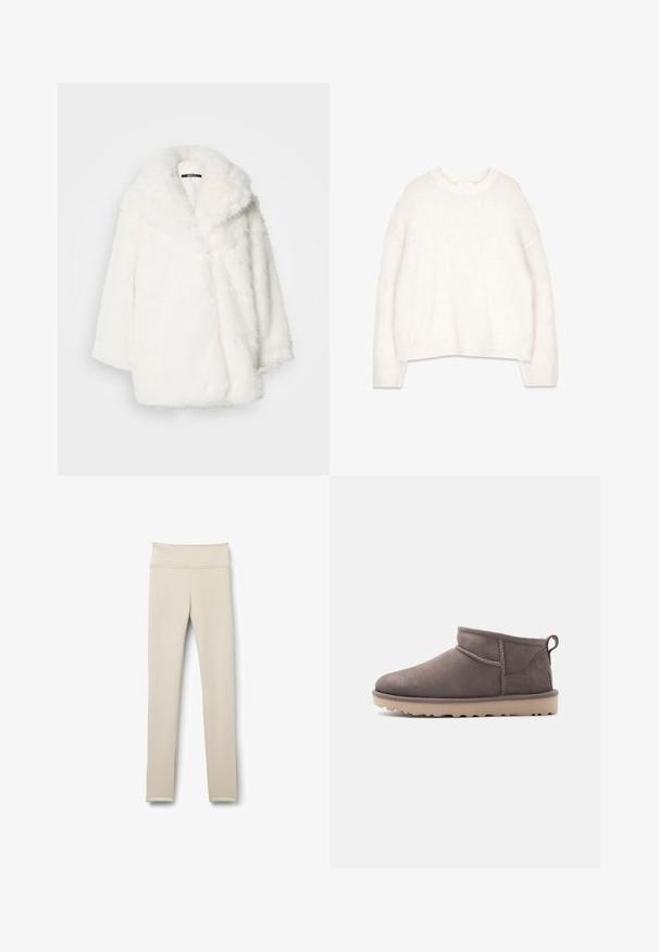 Hvid frakke i imiteret pels med bred krave, oversized pasform og faldede skuldre. Blød tekstur og sømløs konstruktion uden synlige lukninger.; Hvid, fluffy sweater med rund halsudskæring, lange ærmer og en afslappet pasform. Lavet af blød, tekstureret stof med ribstrikkede manchetter og kant.; Beige leggings lavet af strækbart stof. Høj talje, tætsiddende pasform, med glat tekstur og uden synlige mønstre eller hardware.; Lav brun ruskindssko med lav ankelhøjde, slidstærk sål og træksnor på en ensartet baggrund.
