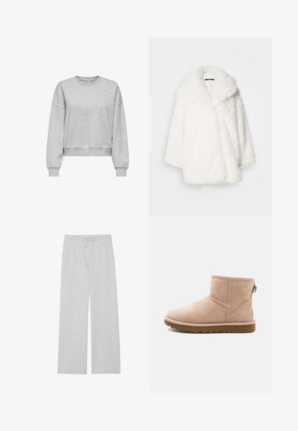 White faux fur coat with a wide collar, oversized fit, and dropped shoulders. Soft texture and seamless construction with no visible fastenings.; Light gray crewneck sweatshirt with long sleeves and ribbed cuffs and hem, shown on a white background.; Light gray sweatpants in soft cotton blend, featuring a wide-leg design, elastic waistband with adjustable drawstring, and no pockets.; Beige suede ankle boot with a rounded toe, stitched accents, and a textured brown rubber sole. Features a pull tab on the back.