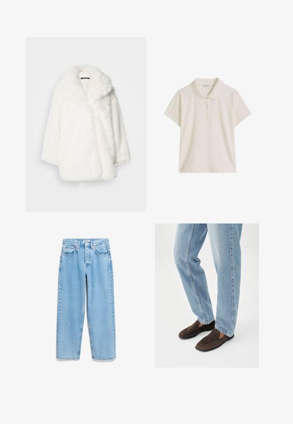 Weißer Mantel aus Kunstpelz mit weitem Kragen, übergroßer Passform und hängenden Schultern. Weiche Textur und nahtlose Verarbeitung ohne sichtbare Verschlüsse.; Weißes kurzärmeliges Poloshirt mit Kragen und drei Knöpfen vorne, vor einem einfarbigen Hintergrund präsentiert.; Hellblaue Jeans aus Denim mit lockerer Passform, hoher Taille, Fünf-Taschen-Design und subtilen Verblassungen entlang der Beinnaht.; Braune Mokassins aus Wildleder mit glatter Textur, abgerundeter Zehenpartie und minimaler Nahtführung, kombiniert mit hellblauen Jeans aus Denim.