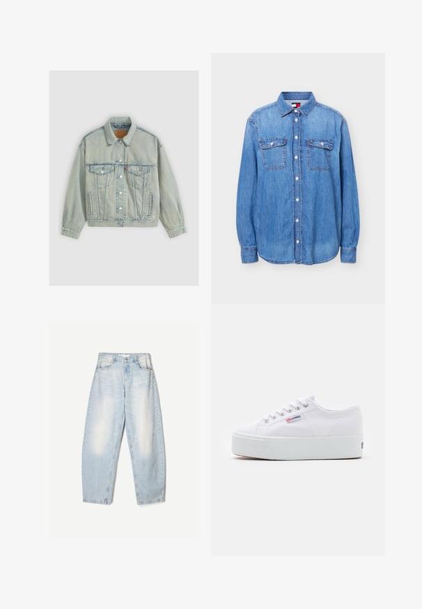Levi's® 90S TRUCKER SNOW PIC TRUCKER - Spijkerjas - boss business trucke; Lichtblauw denim overhemd met knopen, lange mouwen, twee klepzakken aan de voorkant en een kraag, getoond op een witte achtergrond.; Lichtblauwe denim jeans met een losse pasvorm, voorzien van een vervaagde afwerking, twee voorzakken en een knoopsluiting bij de taille.; Witte canvas sneaker met een dikke witte platformzool, ronde neus en metalen oogjes voor veters. Merkl logo aan de zijkant weergegeven.