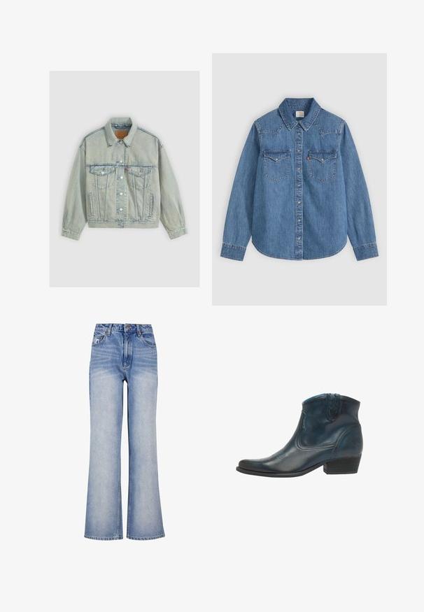 Levi's® 90S TRUCKER SNOW PIC TRUCKER - Veste en jean - boss business trucke; Chemise en jean bleue à manches longues, boutonnée, avec col pointu et deux poches poitrine à rabat sur un fond clair.; Un jean large en denim bleu clair présente une taille haute, une fermeture à bouton, un léger délavé et un design classique à cinq poches.; Bottes de cowboy en cuir bleu foncé, avec un bout pointu, des accents courbés et un talon bas empilé avec des détails de couture subtils.