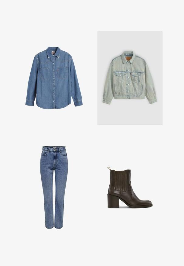 Levi's® 90S TRUCKER SNOW PIC TRUCKER - Jeansjacke - boss business trucke; Hellblaues Denim-Hemd mit langen Ärmeln, spitzem Kragen, zwei Brusttaschen und kontrastierenden Nähten. Verfügt über ein Design mit Westernstil-Yoke.; Hoch taillierte blaue Jeans aus Denim mit gerader Beinform, ausgestattet mit fünf Taschen und klassischen Nähdetails. Leichte Stone-Waschung.; Dunkelbrauner Leder-Knöchelstiefel mit Blockabsatz, elastischen Seitenpaneelen und Zuglasche hinten auf weißem Hintergrund.