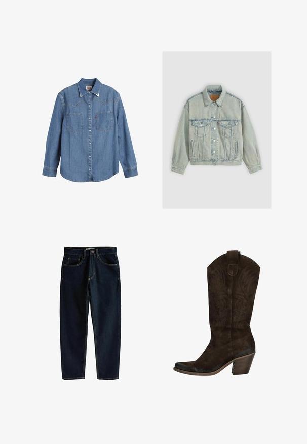 Levi's® 90S TRUCKER SNOW PIC TRUCKER - Jeansjacke - boss business trucke; Hellblaues Denim-Hemd mit langen Ärmeln, spitzem Kragen, zwei Brusttaschen und kontrastierenden Nähten. Verfügt über ein Design mit Westernstil-Yoke.; Dunkelblaue Jeans aus Denim mit geradem Schnitt, fünf Taschen und kontrastierendem goldenen Nähten. Mit einem Frontknopf und Reißverschluss.; Braune Wildleder-Cowboy-Stiefel mit dekorativer Stickerei im oberen Bereich, spitzer Zehenpartie und gestapeltem Absatz. Verfügt über eine Zuglasche für ein einfaches An- und Ausziehen.