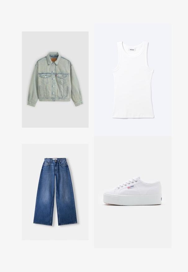 Levi's® 90S TRUCKER SNOW PIC TRUCKER - Spijkerjas - boss business trucke; Wit mouwloos geribd tanktopje met ronde hals en een klein label met daarop "WEEKDAY" aan de binnenkant van de kraag.; Wijd uitlopende blauwe spijkerbroek met voorkanten, riemlussen en knoopsluiting, plat liggend op een lichte achtergrond.; Witte canvas sneaker met een dikke witte platformzool, ronde neus en metalen oogjes voor veters. Merkl logo aan de zijkant weergegeven.