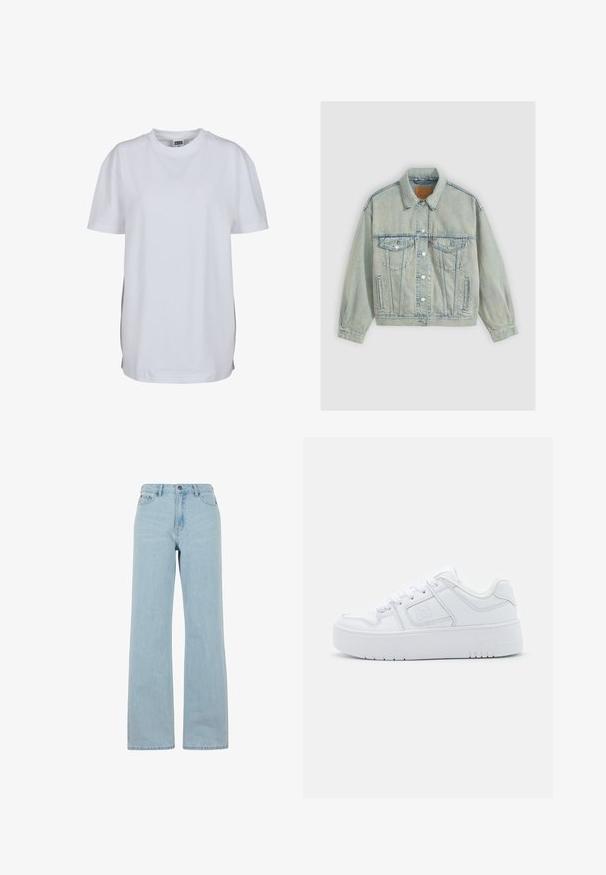 Levi's® 90S TRUCKER SNOW PIC TRUCKER - Veste en jean - boss business trucke; T-shirt blanc uni à manches courtes avec col rond, ourlet droit et petite étiquette de marque visible à l'intérieur du col.; Jeans en denim bleu clair à large jambe, avec une taille haute, des poches avant et une texture de délavage subtile. Ferme par bouton et zipper standard.; Baskets synthétiques blanches avec une texture lisse, bout rond, design à lacets, et une semelle épaisse dotée d'un motif de traction texturé.