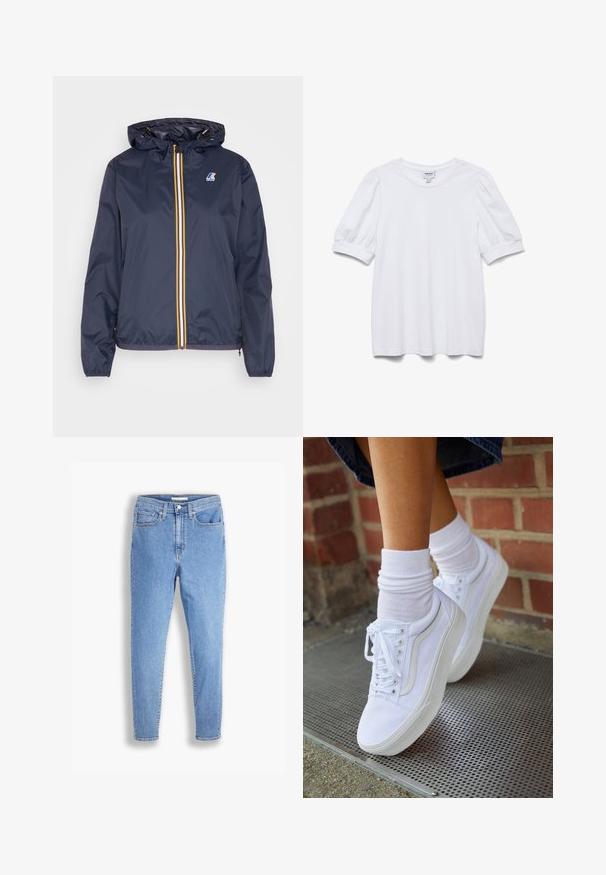 Lichtgewicht marineblau jack met capuchon, voorzien van een gele en witte rits, elastische manchetten en een logo op de linkerkant van de borst.; Witte top met korte mouwen, een ronde halslijn en pofmouwen. Gemaakt van een gladde stof en voorzien van een label met de tekst "AWARE."; Lichtblauwe hoge taille slim-fit jeans met voor- en achterzakken, knoopsluiting en riemlussen op een witte achtergrond.; Witte canvas sneakers met rubberen zolen, voorzien van zes vetertjes, een ronde neus en lichte stikdetails, gecombineerd met witte enkelsokken.