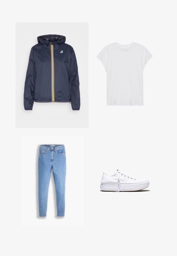 Dunkelblaue leichte Jacke mit Kapuze, ausgestattet mit einem gelben und weißen Reißverschluss, elastischen Bündchen und einem Logo auf der linken Brust.; Weißes kurzärmliges T-Shirt mit Rundhalsausschnitt, lockerer Passform, aus weichem Baumwollstoff. Glatte Textur, keine Muster oder Logos.; Hellblaue, hoch-taillierte, schmale Jeans mit vorderen und hinteren Taschen, Knopfverschluss und Gürtelschlaufen auf weißem Hintergrund.; Weißer Canvas-Sneaker mit niedrigem Schnitt, dicker Plateau-Sohle, vorderer Schnürung und rauer Gummikappe an der Spitze, aus seitlicher Ansicht gezeigt.