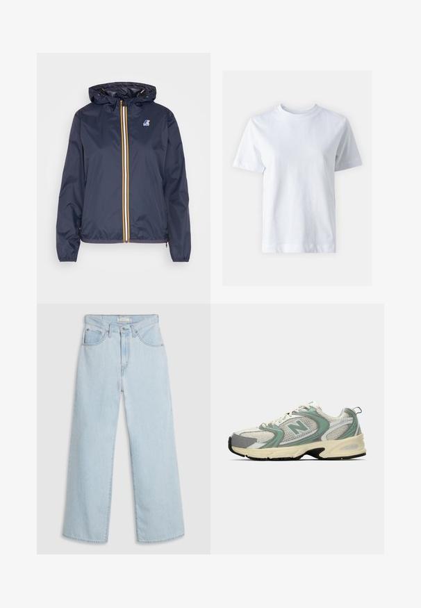 Dunkelblaue leichte Jacke mit Kapuze, ausgestattet mit einem gelben und weißen Reißverschluss, elastischen Bündchen und einem Logo auf der linken Brust.; Weißes Baumwoll-T-Shirt mit Rundhalsausschnitt, kurzen Ärmeln, gerader Schnittführung und glatter Textur. Keine Muster oder Verzierungen.; Hellblaue Jeans mit weitem Bein und hoher Taille, ausgestattet mit Knopf- und Reißverschluss, doppelten vorderen Taschen und dezenten Nahtdetails.; Weiße und hellgrüne New Balance Sportsneaker aus Netzstoff, mit beigem Sohlenprofil und schwarzem Profil, seitlich auf einem schlichten Hintergrund dargestellt.