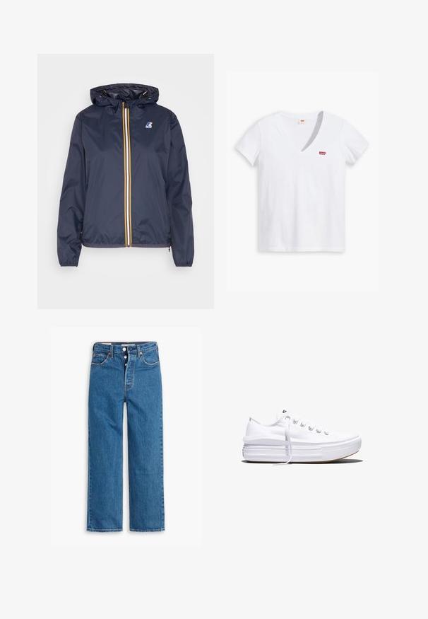 Marineblå letvægtsjakke med hætte, der har en gul og hvid lynlås, elastiske manchetter og et logo på venstre bryst.; Hvid bomulds t-shirt med V-hals, korte ærmer og et rødt Levi's-logo broderet på venstre bryst. Glat tekstur, afslappet design.; Blå denim lige ben jeans med høj talje, fem lomme design og knaplukning. Markante syninger og kobberfarvede nitter.; Hvid lavt snørestøvle med tyk plateau-sål, snørelukning foran og gummiforstærket tåkap, set i sideprofil.