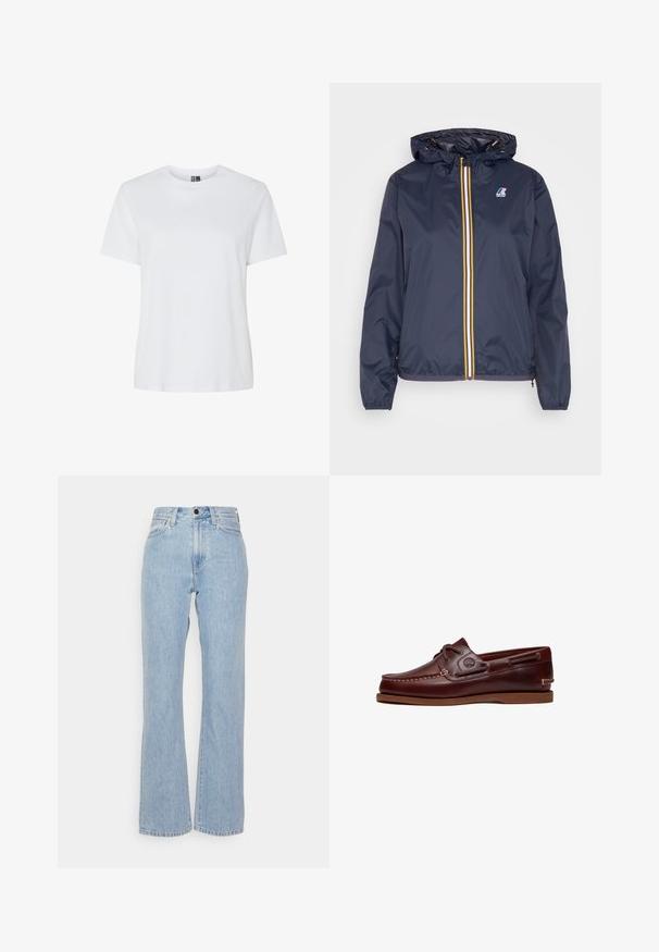 Dunkelblaue leichte Jacke mit Kapuze, ausgestattet mit einem gelben und weißen Reißverschluss, elastischen Bündchen und einem Logo auf der linken Brust.; Schlichtes weißes T-Shirt mit kurzen Ärmeln und Rundhalsausschnitt, dargestellt auf weißem Hintergrund ohne sichtbare Muster oder Logos.; Hellblaue Denim-Jeans mit hoher Taille und weitem Bein, ausgestattet mit Gürtelschlaufen, einem Vorderknopfverschluss und klassischem Fünf-Taschen-Stil.; Brauner Leder-Bootsschuh mit Schnürsenkeln, Nahtdetails und Timberland-Logo an der Seite, auf weißem Hintergrund gezeigt.
