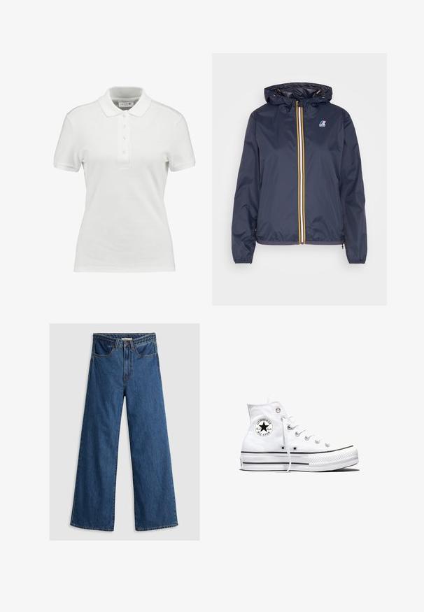Marineblå letvægtsjakke med hætte, der har en gul og hvid lynlås, elastiske manchetter og et logo på venstre bryst.; Hvid polo-shirt lavet af tekstureret bomuld, med en klassisk krave, tre-knaps placket og et lille Lacoste-logo på brystet.; Bredde ben blå denim jeans med høj talje, der har et klassisk fem-lomme design og en tekstureret taljebånd.; Hvid højtop Converse Chuck Taylor All Star-sneaker med sort logo-patch og hvide snørebånd, vist på hvid baggrund.