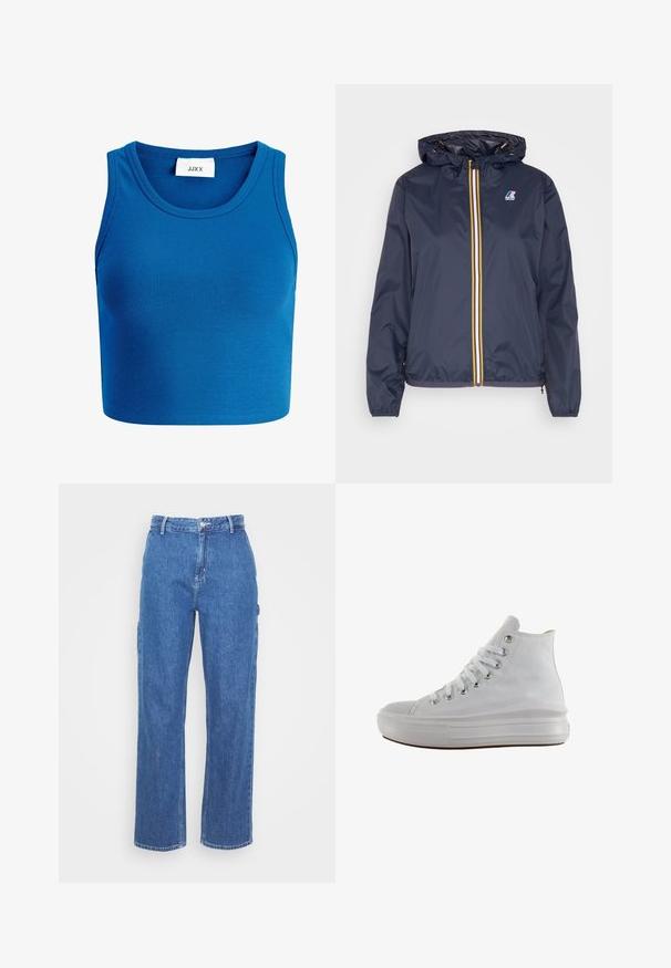 Tmavomodrá ľahká bunda s kapucňou, s žltým a bielym zipsom, elastickými manžetami a logom na ľavej hrudi.; Modrý pruhovaný crop top s širokým výstrihom, bez rukávov a s nápisom "JJXX" umiestneným na strede výstrihu.; Modré denimové nohavice s vysokým pásom a rovno strihanými nohavicami, s predným zapínaním na gombík a bočnými vreckami. Hladká textúra a žiadne viditeľné vzory.; Biele vysoké plátenné tenisky s bielymi šnúrkami, kovovými očkami, hrubou gumovou podrážkou a textúrovanou špičkou, mieriac doľava na bielom pozadí.