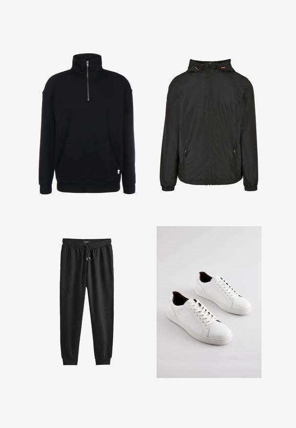Zwarte regenjas met capuchon, ritssluiting en elastische manchetten. Beschikt over twee zijzakken en verstelbare trekkoorden op de capuchon.; Zwarte sweatshirt met rits en lange mouwen, zachte textuur, een voorzak en een klein groen logo aan de onderrand.; Zwarte joggingsbroek van zacht materiaal, met een elastische tailleband met een trekkoord, taps toelopende pijpen en ribbelboorden bij de enkels.; Witte lederen sneakers met een laag profiel, geperforeerde zijkanten, platte veters en een contrasterende bruine binnenvoering. Rubberen zool met een textuurpatroon.