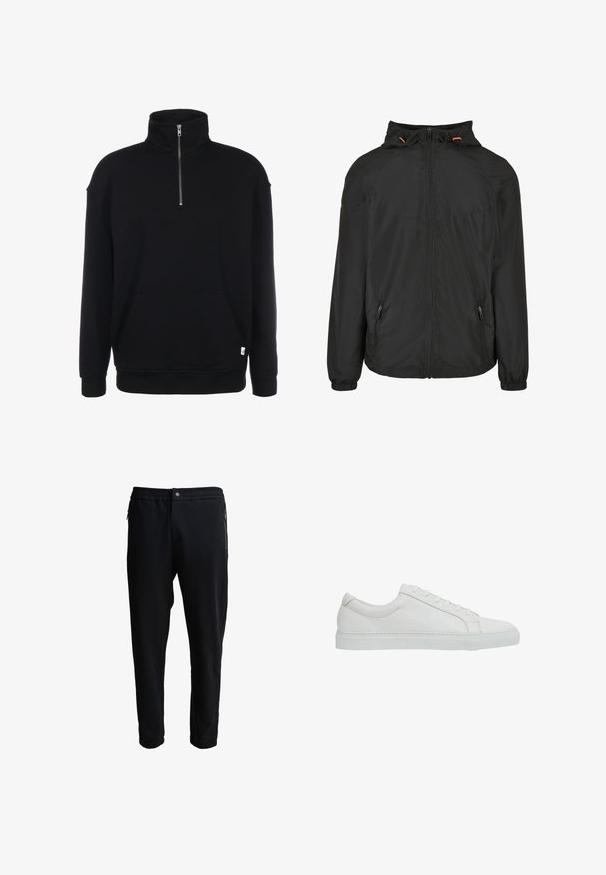 Sort regnjakke med hætte, lynlås lukning og elastiske manchetter. Har to sidelommer og justerbare snore i hætten.; Sort zip-hals sweatshirt med lange ærmer, blød tekstur, en frontlomme, og et lille grønt logo ved kanten.; Sorte joggerbukser med elastisk talje, sidelommer med lynlås og tætsiddende ben. Fremstillet af blødt stof med en glat overflade.; Reiss REGULAR FIT - LUCA TUMBLED - Sneakers - white