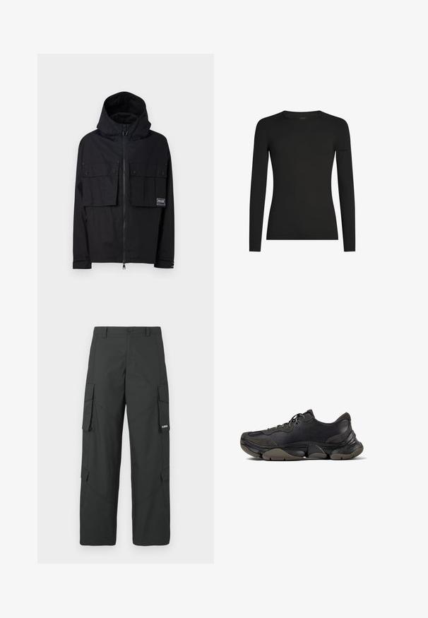 Chaqueta negra impermeable con capucha, cierre frontal con cremallera, dos grandes bolsillos en el pecho y parche con logo. Cuenta con un corte relajado y puños ajustables.; Camiseta negra de manga larga ajustada con cuello redondo y un sutil logo de Icebreaker en la manga izquierda, mostrada sobre un fondo blanco.; Pantalones cargo rectos negros con bolsillos laterales con solapa, cierre de botón, trabillas para cinturón y pequeño logo blanco en la solapa del bolsillo derecho.; Zapatilla deportiva negra con suela texturizada, parte superior de cuero y gamuza, cuello acolchado y cierre con cordones, mostrada en perfil lateral.