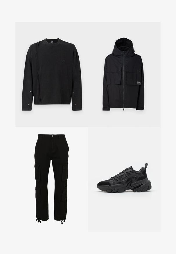 Čierna nepremokavá bunda s kapucňou, predným zipsom, dvoma veľkými náprsními vreckami a logom. Má voľný strih a nastaviteľné manžety.; Čierny sweatshirt s dlhým rukávom a okrúhlym výstrihom, s jemným logom na prednej strane a patentkami na rukávoch, vyrobený z mäkkej tkaniny.; Čierne cargo nohavice vyrobené z bavlny, s viacerými bočnými vreckami, zapínaním na gombíky a nastaviteľnými lemami so šnúrkami.; Čierne tenisky s kombináciou hladkých a textúrovaných materiálov, robustnou podrážkou, šnurovaním a výraznými bočnými akcentmi.