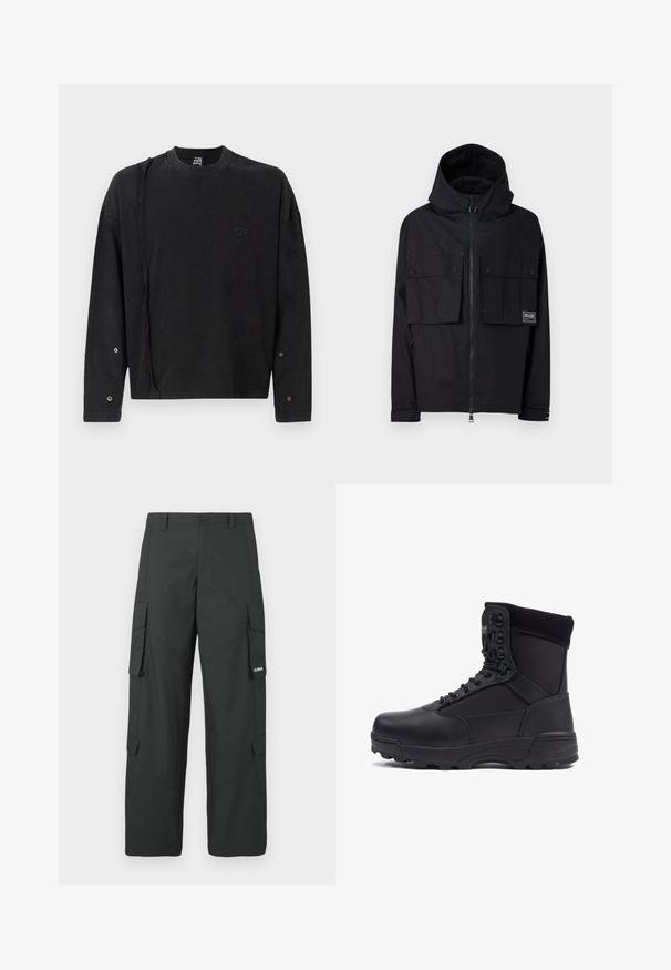 Čierna nepremokavá bunda s kapucňou, predným zipsom, dvoma veľkými náprsními vreckami a logom. Má voľný strih a nastaviteľné manžety.; Čierny sweatshirt s dlhým rukávom a okrúhlym výstrihom, s jemným logom na prednej strane a patentkami na rukávoch, vyrobený z mäkkej tkaniny.; Čierne rovné nohavice cargo so bočnými vreckami s chlopňou, zapínaním na gombík, pútkami na opasok a malým bielym logom na chlopni pravého vrecka.; Čierna taktická bootka s hladkým koženým zvrškom a textilnými panelmi, vysoký dizajn nad členkami, šnurovanie vpredu a robustná gumová podrážka.