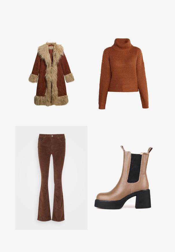 Brun ruskindsfrakke med lang faux fur krave og manchetter i en lysere beige farve. Har et knælangt design og løs pasform.; Varm, rustfarvet sweater med en chunky strikket tekstur, høj turtleneck og løs pasform. Har dropped shoulders og ribbede manchetter.; Brune fløjl flared jeans med en glat overflade, fem lommer og en enkelt metalknap i taljen.; Brun læder ankelstøvle med sort elastik i sidepanelerne, rund tå og en kraftig sort hæl. Har synlige syninger og pull tabs.