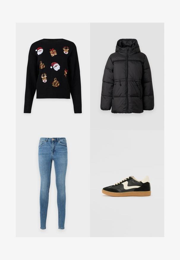 Veste matelassée noire avec capuche, fermeture éclair, taille élastique avec cordon de serrage et deux poches avant. Tissu texturé et isolant.; Pull noir à manches longues arborant des motifs festifs : visages de Santa, boîtes-cadeaux et ornements en sequins rouges, verts, dorés et blancs.; Jean skinny taille haute bleu avec poches avant, passants pour ceinture, fermeture à boutons et légère décoloration sur les cuisses et les genoux.; Baskets en daim et cuir noir avec un swoosh latéral crème et un talon crème clair. Dotées de lacets beige et d'une semelle en caoutchouc gomme.