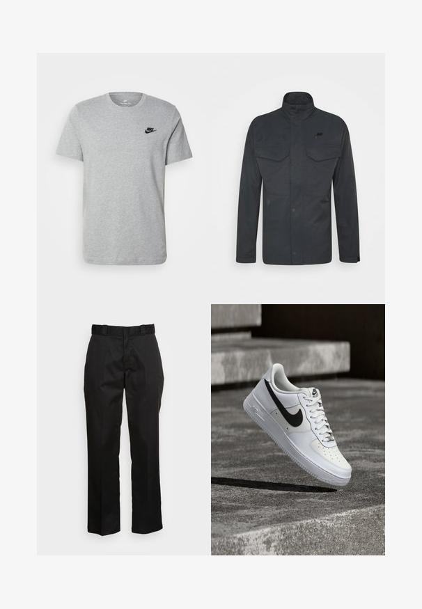 Sort letvægtsjakke med høj krave, to brystlommer og et diskret logo. Glat tekstur og trykknaplukning.; Grå kortærmet T-shirt i bomuld med et sort Nike-logo på brystet og rund halsudskæring. Minimalistisk design uden mønstre.; Sorte bukser lavet af et glat stof med lige ben, bæltestropper og to sidelommer. Klassisk look uden udsmykninger.; Hvid Nike Air Force 1-sneaker med sort swoosh, snørebånd bundet, placeret i luften over tekstureret betonoverflade udendørs.